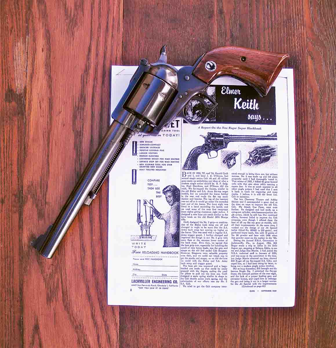 Elmer Keith reviewed the new Ruger Super Blackhawk .44 Magnum in the September 1959 issue of GUNS magazine, but did not mention bears.